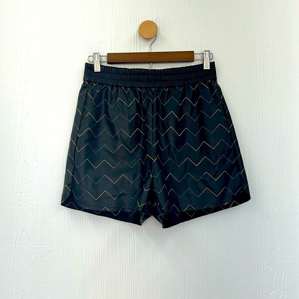 Ciebon - Vegan Leather Rainbow Design Black Elastic High Rise Short Size Medium